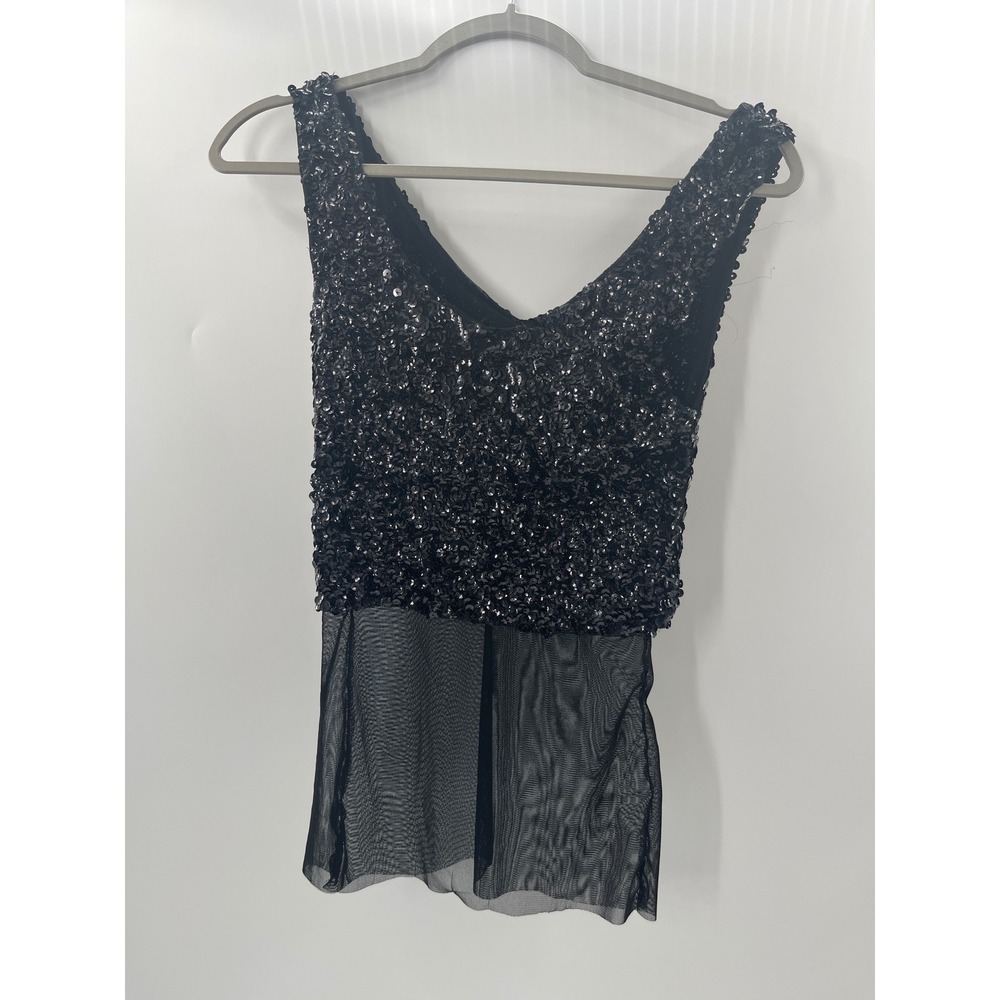 Love Culture Black Sequin Mesh‎ V-Neck Sleeveless Party Top Medium